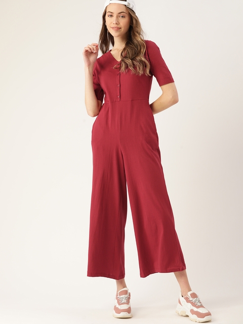 Discount on SASSAFRAS Women Red Pure Cotton Solid Capri Jumpsuit with Belt at Rs. 879
